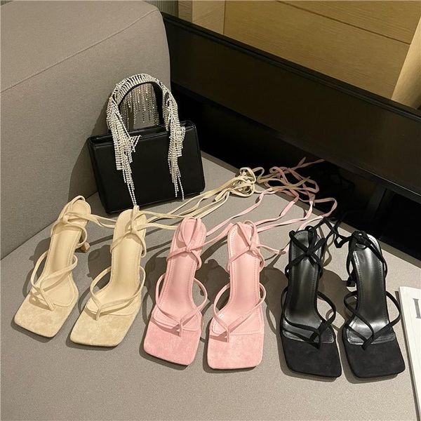 

women sandals fashion tied slippers woman pumps shoes thin high heeled slides female summer heels for ladies party 2021 dress, Black