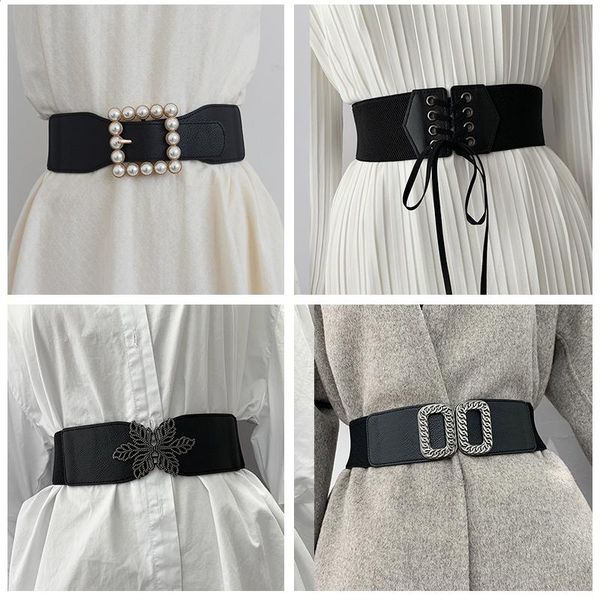 

belts wide waist belt for women retro designer double leaf buckle stretch elastic strap lady dress coat sweater decorative waistband, Black;brown