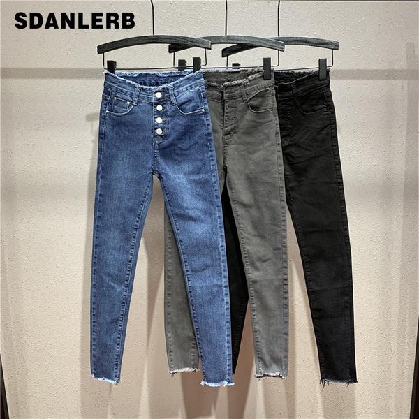 

women's jeans ripped for woman single breasted burrs spring summer high waist slim fit pencil pants jean blue black grey