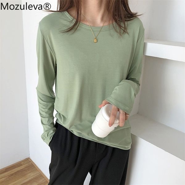 

summer solid color o-neck long sleeve shirt women casual cotton t-shirts wild loose ladies tees 210416, White