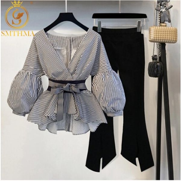 

summer plus size womens and blouses casual suit women clothing 2 piece wide leg pants sets female 210520, White