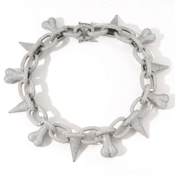 

new bone spiked necklace hip hop exaggerated trendsetter pendant with zircon, Black