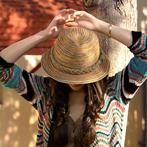 

wide brim hats colorful summer sun beach straw casual breathable fedora travel bohemia fashion hat, Blue;gray