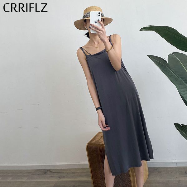 

summer sleeveless casual spaghetti strap dress women o-neck solid cotton straight mid-calf crriflz 210520, Black;gray