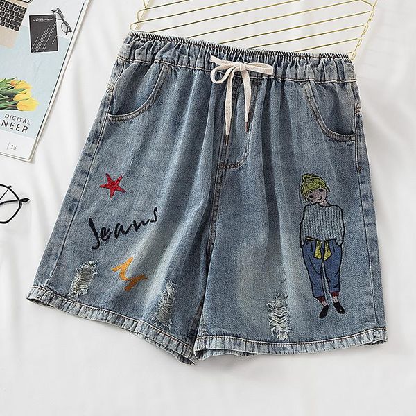

women's jeans embroidery denim shorts high waist plus size loose softener elastic wide leg pants, Blue