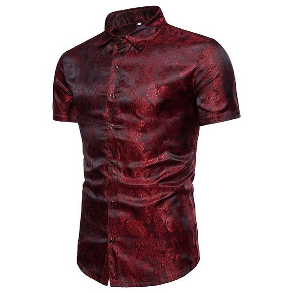 

mens hipster paisley floral printed slim fit silk shirt summer brand golden foil design short sleeve dress shirts chemise homme men's c, White;black