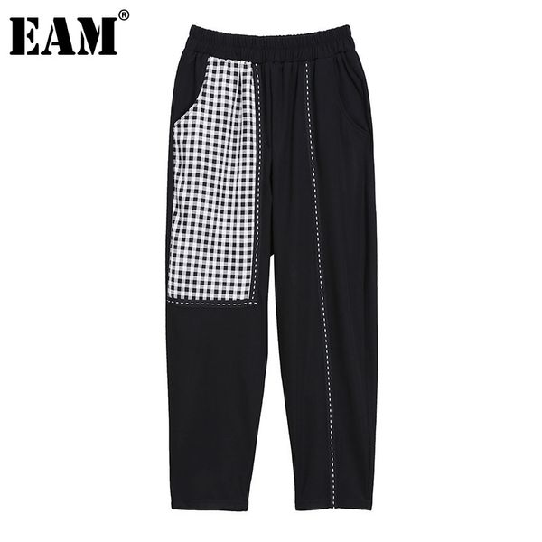 

[eam] black plaid spliced high elastic waist trousers loose fit harem pants women fashion spring summer 1dd8558 21512, Black;white