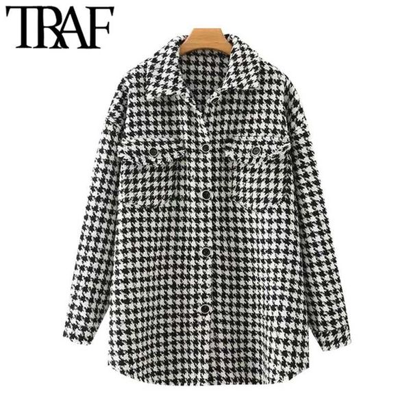 

traf women fashion oversized houndstooth frayed tweed jacket coat vintage long sleeve pockets female outerwear chic 211025, Black;brown