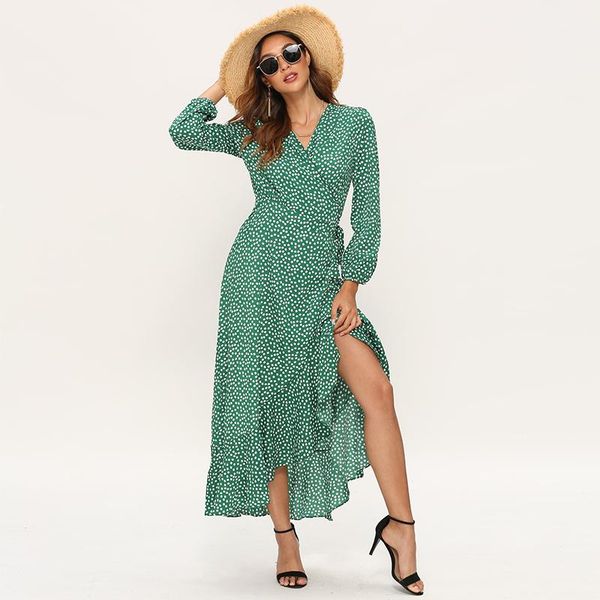 

casual dresses beach women ruffle long dress floral print sleeve v neck elegant leisure lantern slipt, Black;gray
