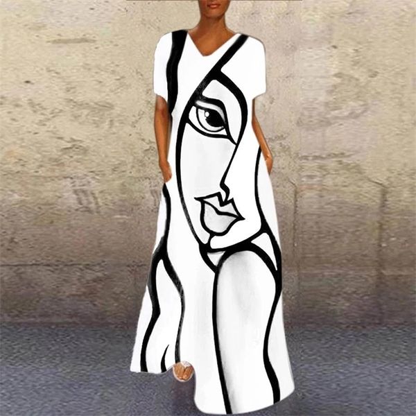 

ladies elegant abstract girl printed party casual short sleeve v neck long summer loose plus size a-line dresses, Black;gray