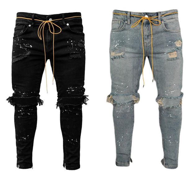 

men's jeans 2021 gothic long men casual slim fit ripped skinny distressed holes denim pants destroyed streetwear, Blue