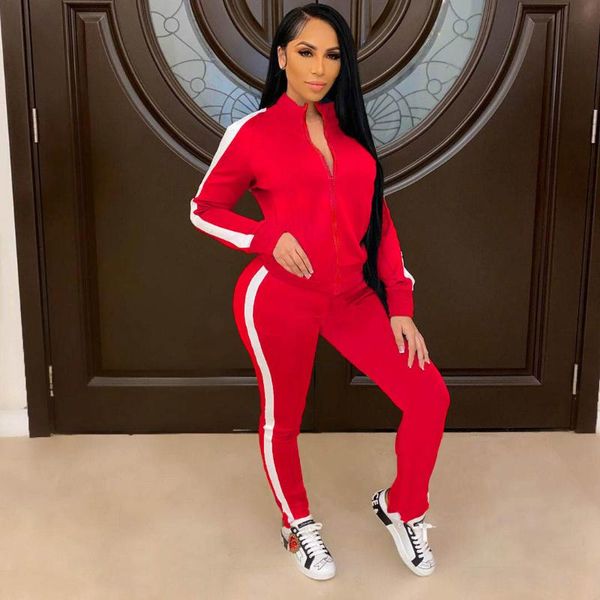 

women's two piece pants red splicing leisure two-piece set women coat and tracksuit, White