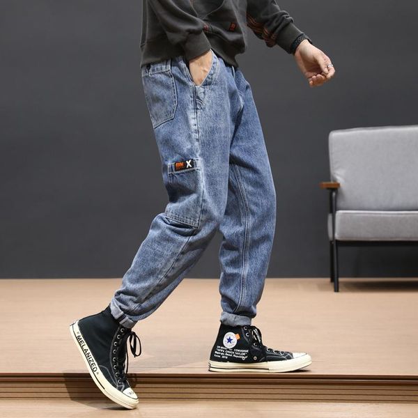 

men's jeans 2021 streetwear men blue gray color loose fit big pocket cargo pants harem homme style hip hop