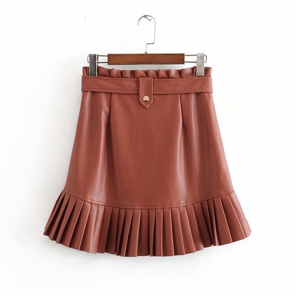 

skirts women chic pu leather pleated ruffles tie belt waist pocket zipper fly ladies elegnt mini jupe femme 28f4, Black