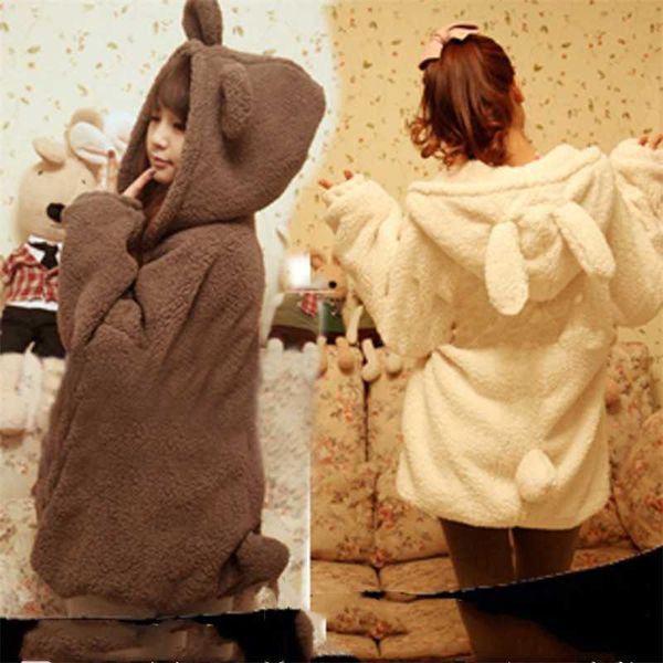 

faux fur coat rabbit outerwear with bear ears cute plus size loose winter sweatshirt hooded brown hoodies 210927, Black