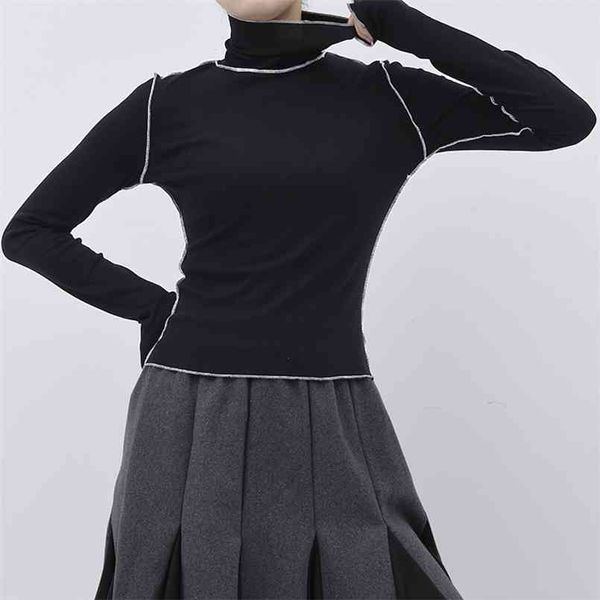 

[eam] spring autumn high collar long sleeve solid color black reffles split joint loose t-shirt women fashion je155 210708, White