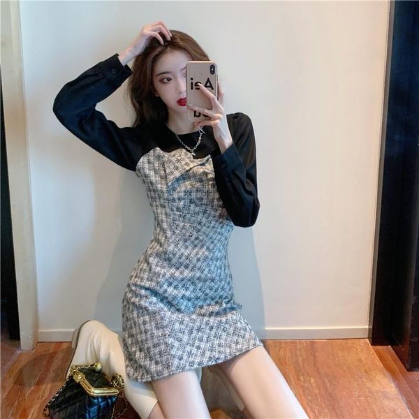 

casual dresses women one piece dress autumn 2021 office lady korea style long sleeve patchwork puff pleated zipper traf, Black;gray
