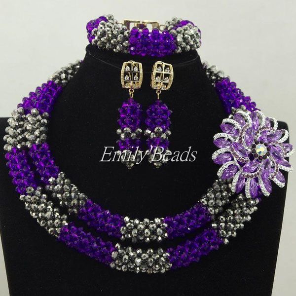 

wedding jewelry sets purple/gray crystal beads set african costume bridal 2 layers necklace alj358, Slivery;golden