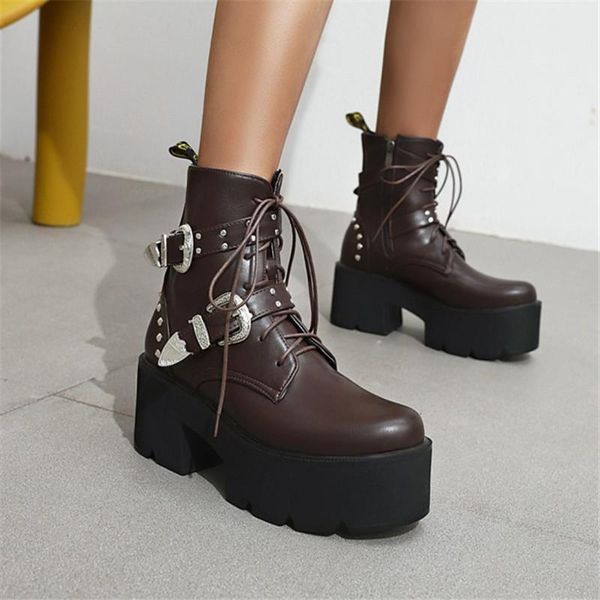 

boots pxelena 2021 plus size 35-44 women platform motorcycle biker rivet chunky high heel buckle combat gothic punk shoes winter, Black