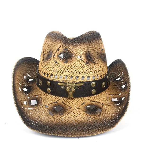 

cloches 100% straw women men hollow western cowboy hat lady leather punk brand sombrero hombre beach cowgirl jazz sun size 56-58cm, Blue;gray