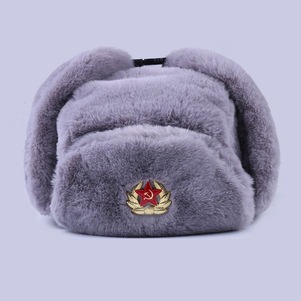 

soviet badge ushanka russian men women winter hats faux rabbit fur army military bomber hat cossack trapper earflap snow ski cap, Blue;gray