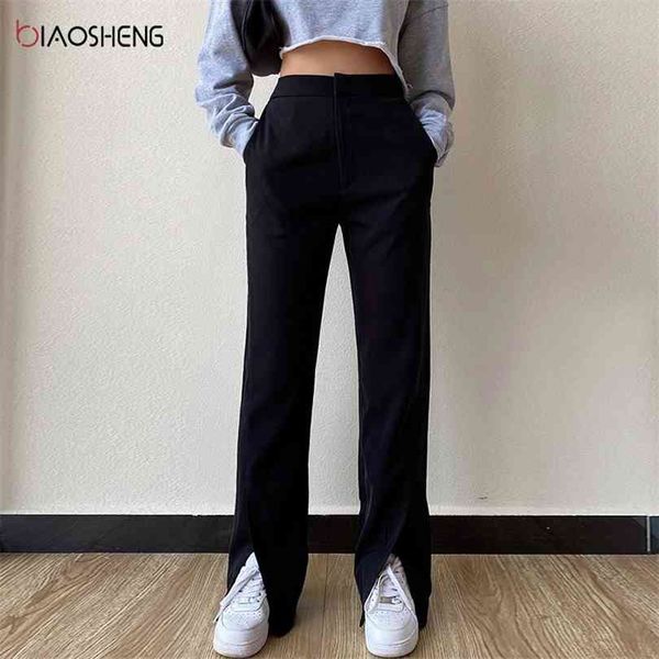 

women's pants fashion loose trousers for female boot cut straight full length high waist casual wide leg split 210826, Black;white