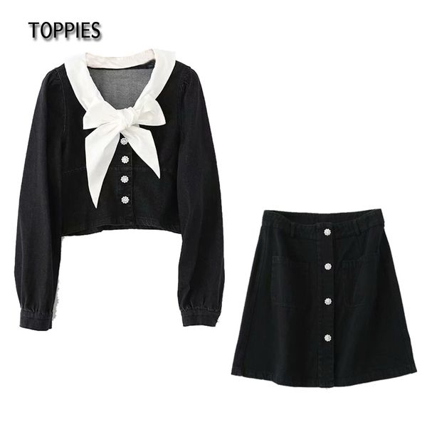 Toppies Sweet Bow Tie Camicette di jeans Top Donna Jeans Set due pezzi Gonna a vita alta Moda Streetwear 210412