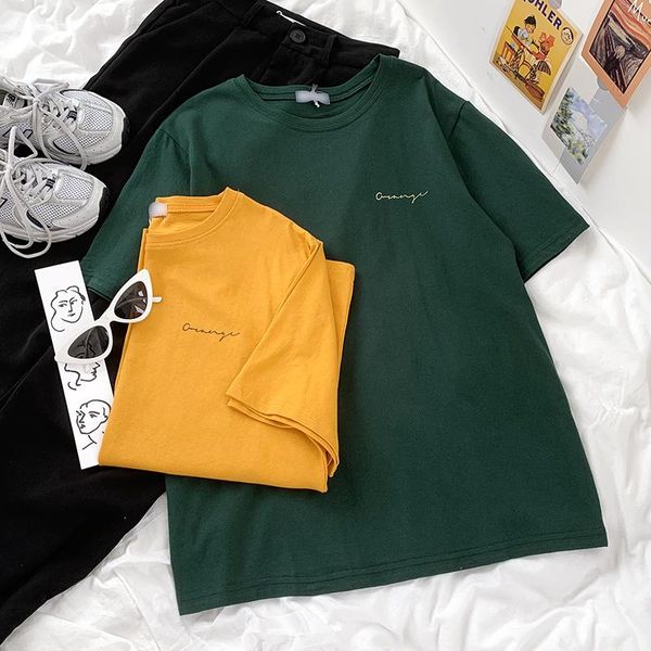 

summer casual women green yellow t shirt letter line print short sleeve cotton tee tshirt women's t-shirt, White