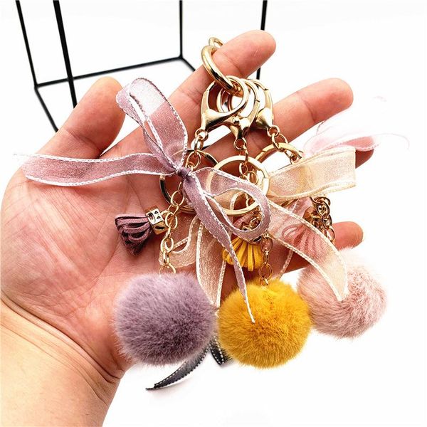 

elegant lace bow-knot round ball keychain cute pompom faux key chain bag keyring plush pendant car hooks & rails