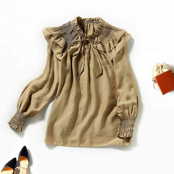 

women's blouses & shirts shenzhen nanyou early spring pure cotton stand collar silk shirt ruffle edge pullover fashion splicing blouse, White