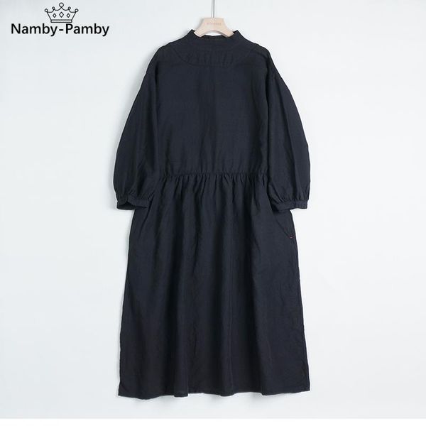 

casual dresses 2021 spring summer wind cotton linen dress loose thin stand-up collar 7-point lantern sleeve black buttoned women, Black;gray