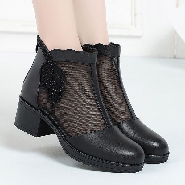 

spring middle heel sho leisure fashion net boots thick women's gauze wrap single mom, Black