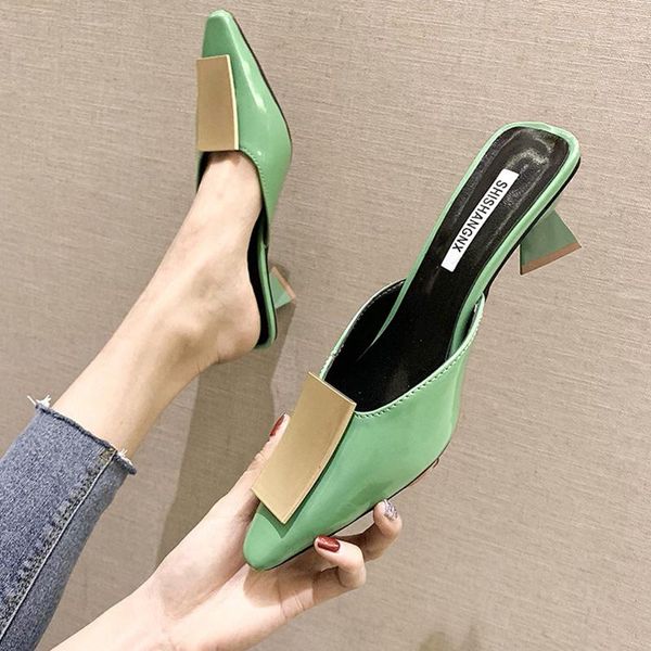 

rimocy patent leather square heel slippers women 2021 fashion toe mules shoes woman outdoor summer sandals female, Black