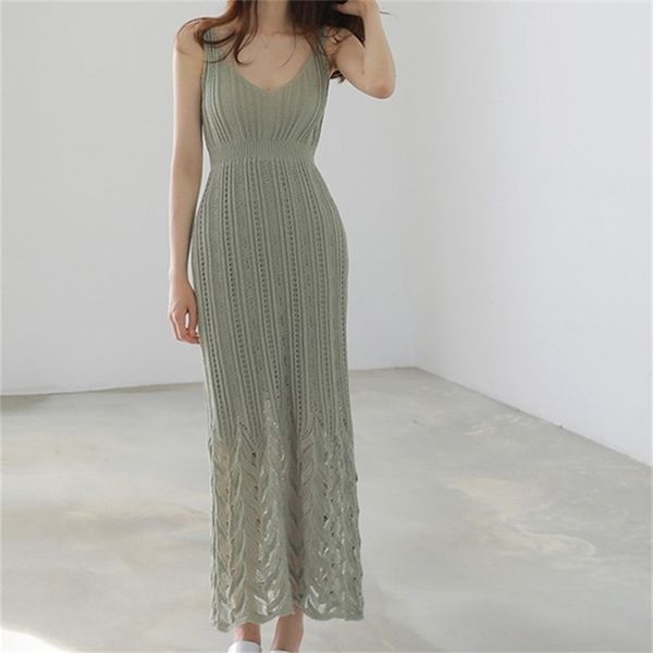 Pist Örme Kadın Moda Oymak Elbiseler Kazak Örme Kolsuz Casual Maxi Uzun Elastik Elbise Vestidos 210603