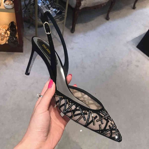 

dress shoes kmeioo lace wedding woman pointed toe high heels buck strap sandals string bead thin heel slingback stiletto even, Black