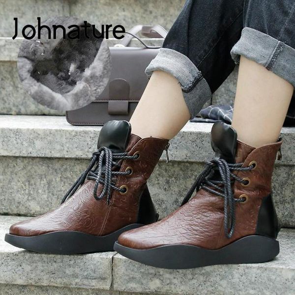 

boots johnature ankle women genuine leather short plush shoes lace-up round toe flat with 2021 zipper platform, Black