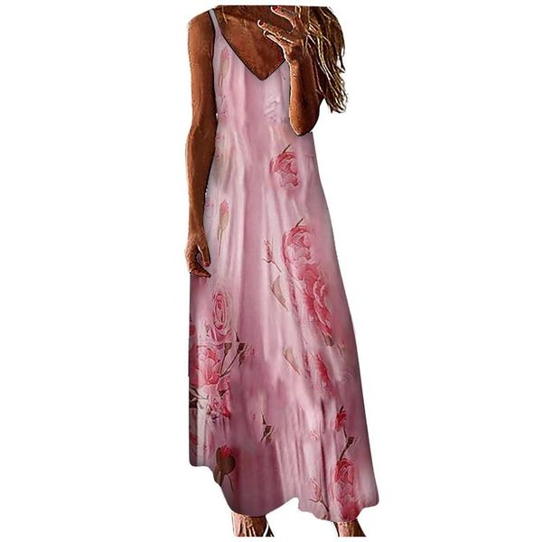 

casual dresses young girls elegant floral printing maxi holiday summer fashion deep v-neck a-line backless spaghetti strap dress, Black;gray