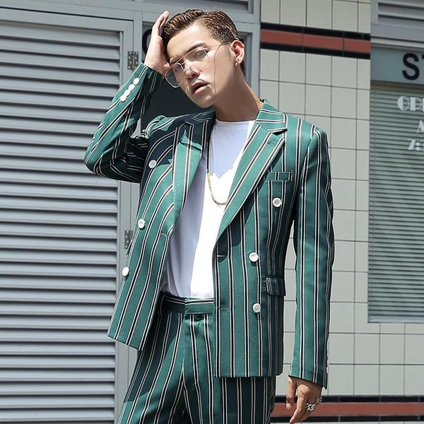 

men's suits & blazers 2021 clothing fashion brand gd hair stylist personality retro double row male stripe night club dress little suit, White;black