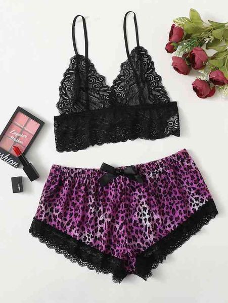 

female lace suspender simulation silk leopard bag fun underwear two-piece set 211203, Black;white