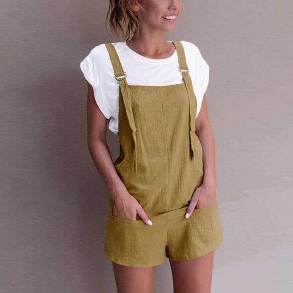 

women's jumpsuits & rompers 2021 women romper elastic waist dungarees linen cotton pockets playsuit shorts pants combi pantalon femme#b, Black;white