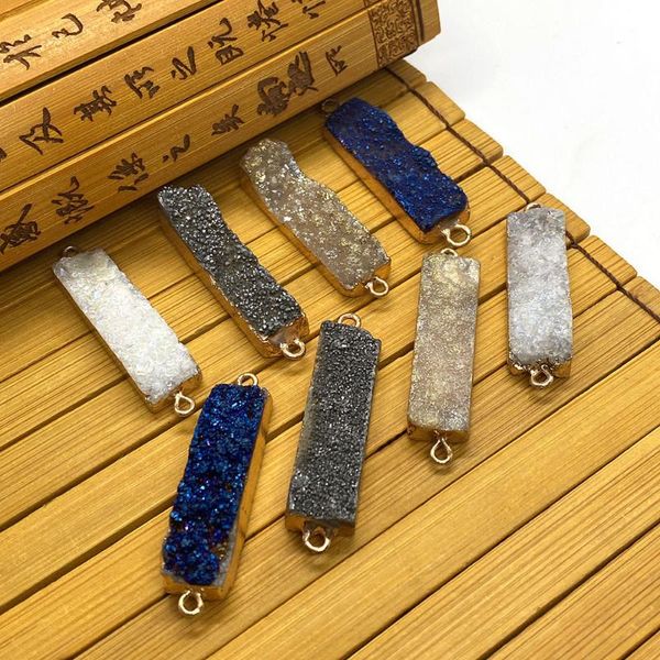 

charms natural stone crystal pendant multicolor rectangular shape double hole metal edging suitable for diy making trendy necklaces, Bronze;silver