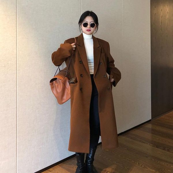 

women's wool & blends [ewq]2021 winter over knee turn-down collar long-sleeved double breasted solid color straight minimalist woolen o, Black