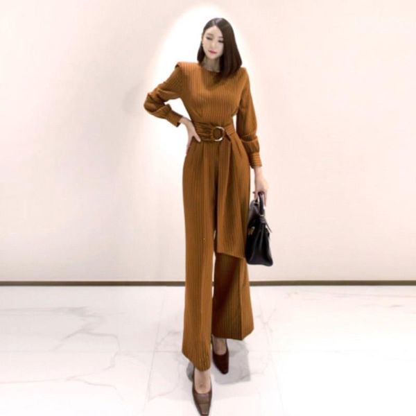

women's jumpsuits & rompers women fashion elegant office workwear casual striped long pants romper belt lady o-neck loose, Black;white