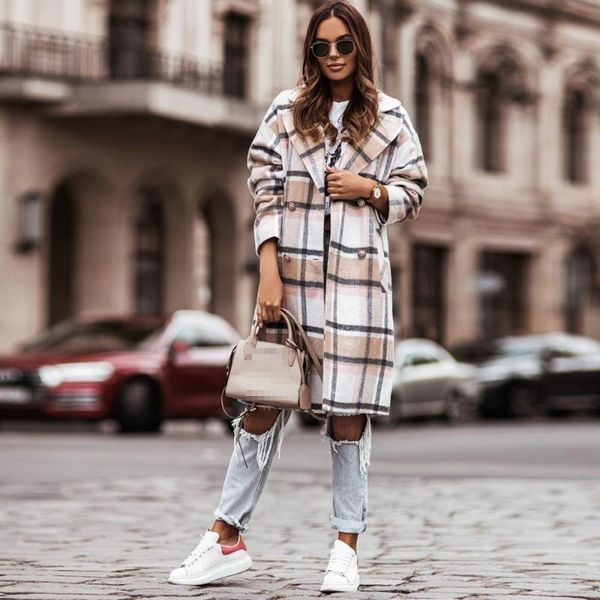 

women's wool & blends street spring and autumn plaid loose woolen coat long cardigan women lapel nice winter top, Black