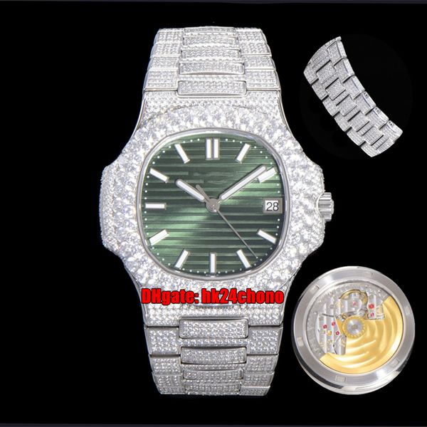 TWF Top-Qualität Uhren 40MM Nautilus Full Iced Out Custom Diamonds Set 5711 Cal.324 Automatik Herrenuhr grünes Zifferblatt Diamant Stahlarmband Herren Sportarmbanduhren
