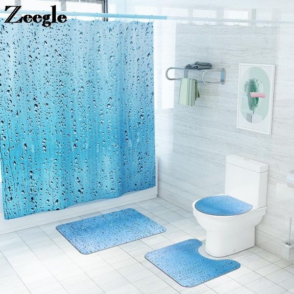 

zeegle non-slip bath mat and waterproof shower curtian set 3d drops printing bathroom carpet rug home decor toilet foot mats
