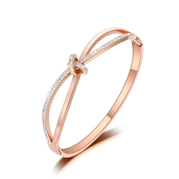 Sparkling Cz Crystal Cross Bow-knot Bangles Bracciali Gioielli per le donne Bracciale da sposa in acciaio inossidabile oro rosa B19094 Q0717
