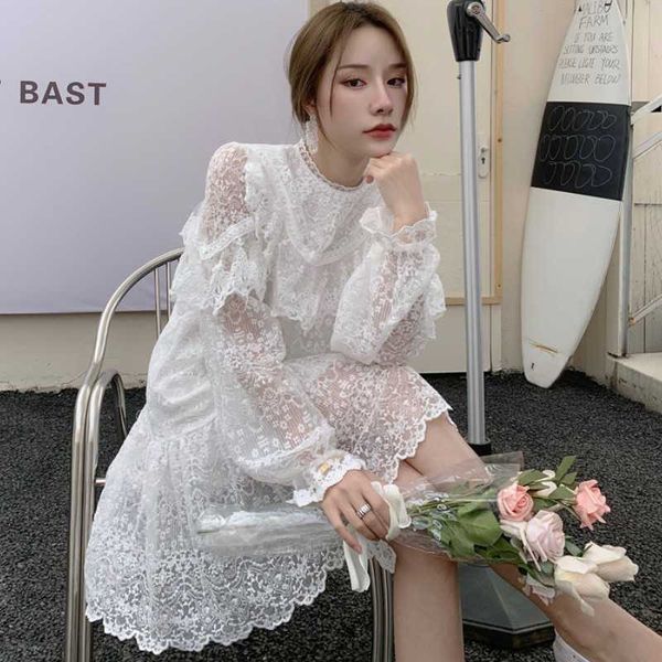 

fashion hollow out embroidery lace dress spring elegant women ruffles long sleeve loose casual mini 210526, Black;gray