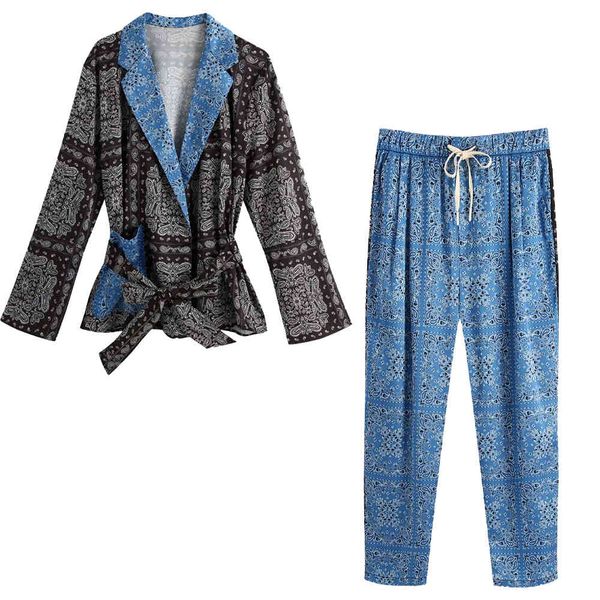 

pants women two piece set crossover printed tied belt blouse & pants high-waist elastic waistband trousers, White