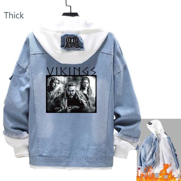 

men's jackets denim jacket for men style couple clothes streetwear viking ragnar lothbrok lagertha autumn winter jean black thick hoody, Black;brown